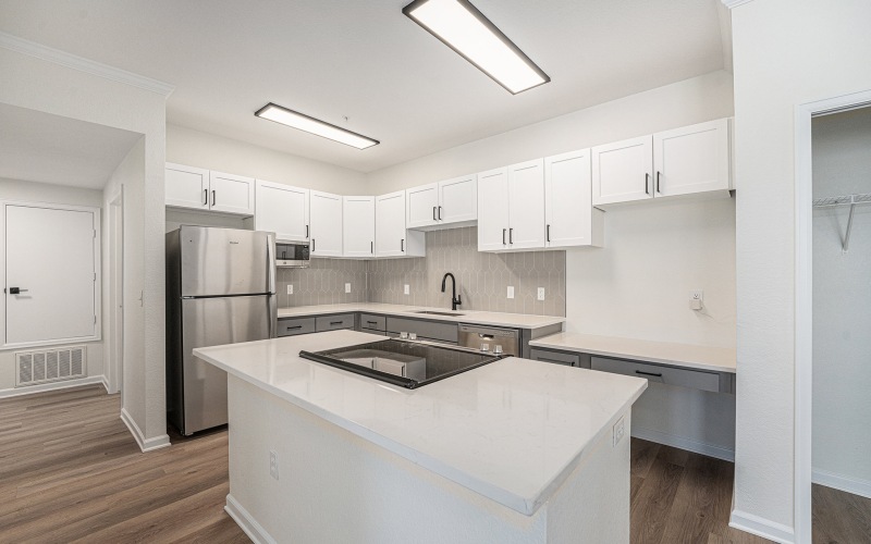 Open concept kitchen with quartz countertops and stainless steel appliances