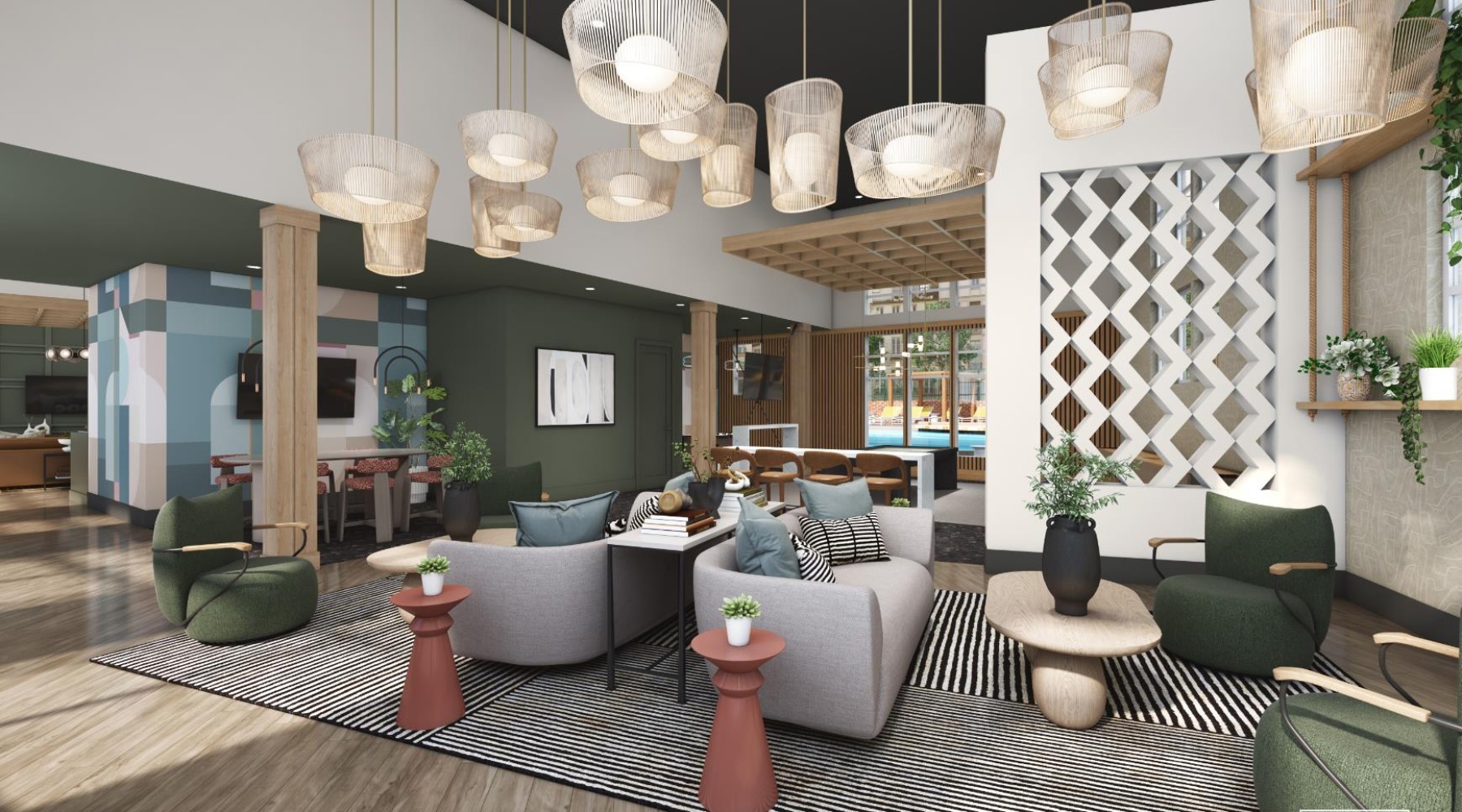 Gorgeous renovated clubroom with abundant seating  Couches and comfy chairs with tables and TVs