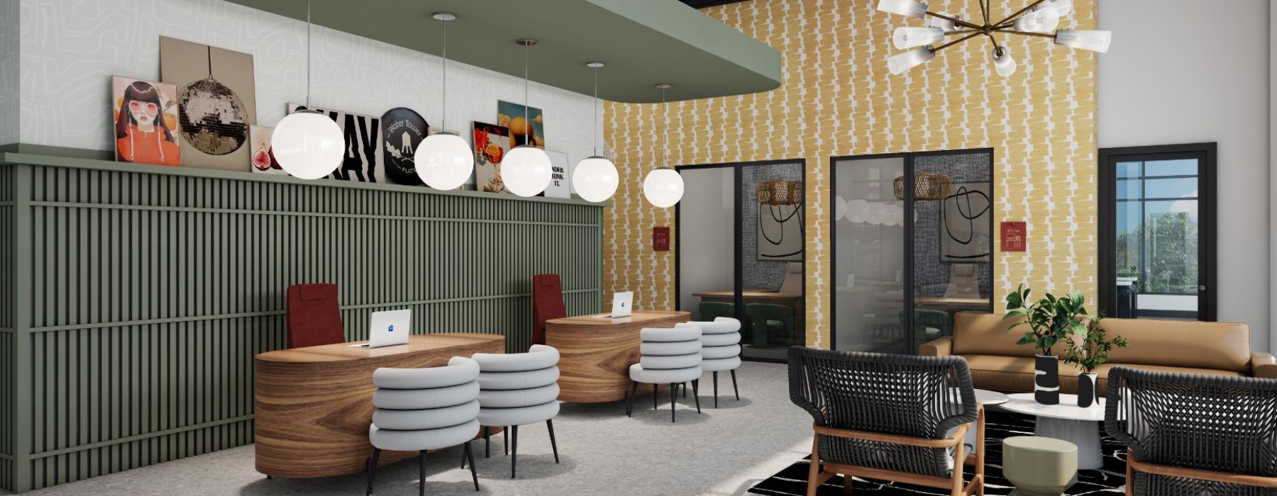 Two leasing desks with laptops and 